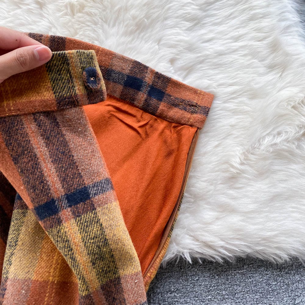 2 Pieces Sets Women Fashion Round Collar Puff Sleeve Pullover Knit Tops Chic High Waist Plaid Swing Skirts Autumn Winter