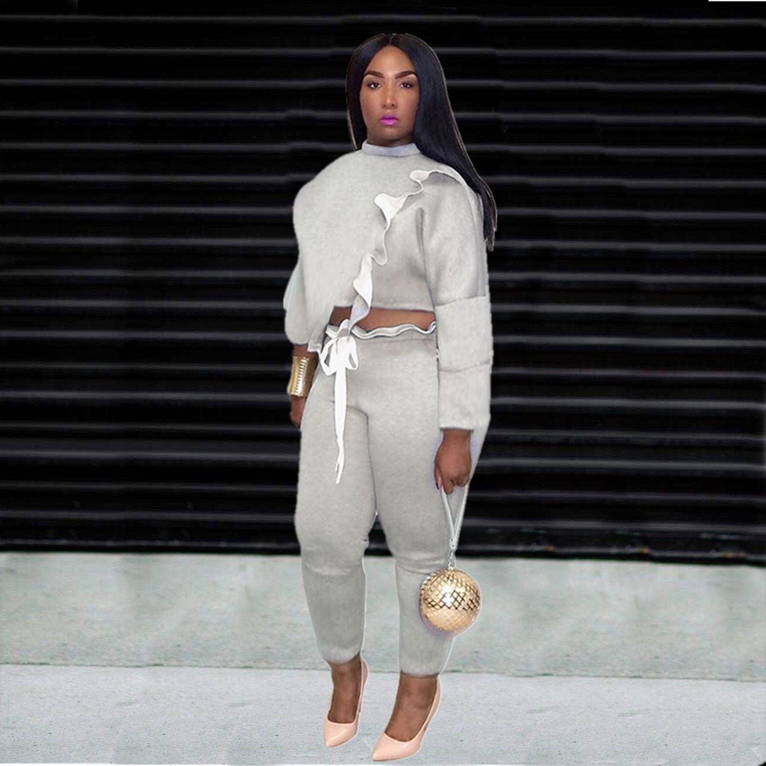 2 XL / #01 Casual Women 2 Piece Outfits Ruffle Crop Top Sweatshirt and Pants Sweatsuits Set Tracksuits Trousers Jogger