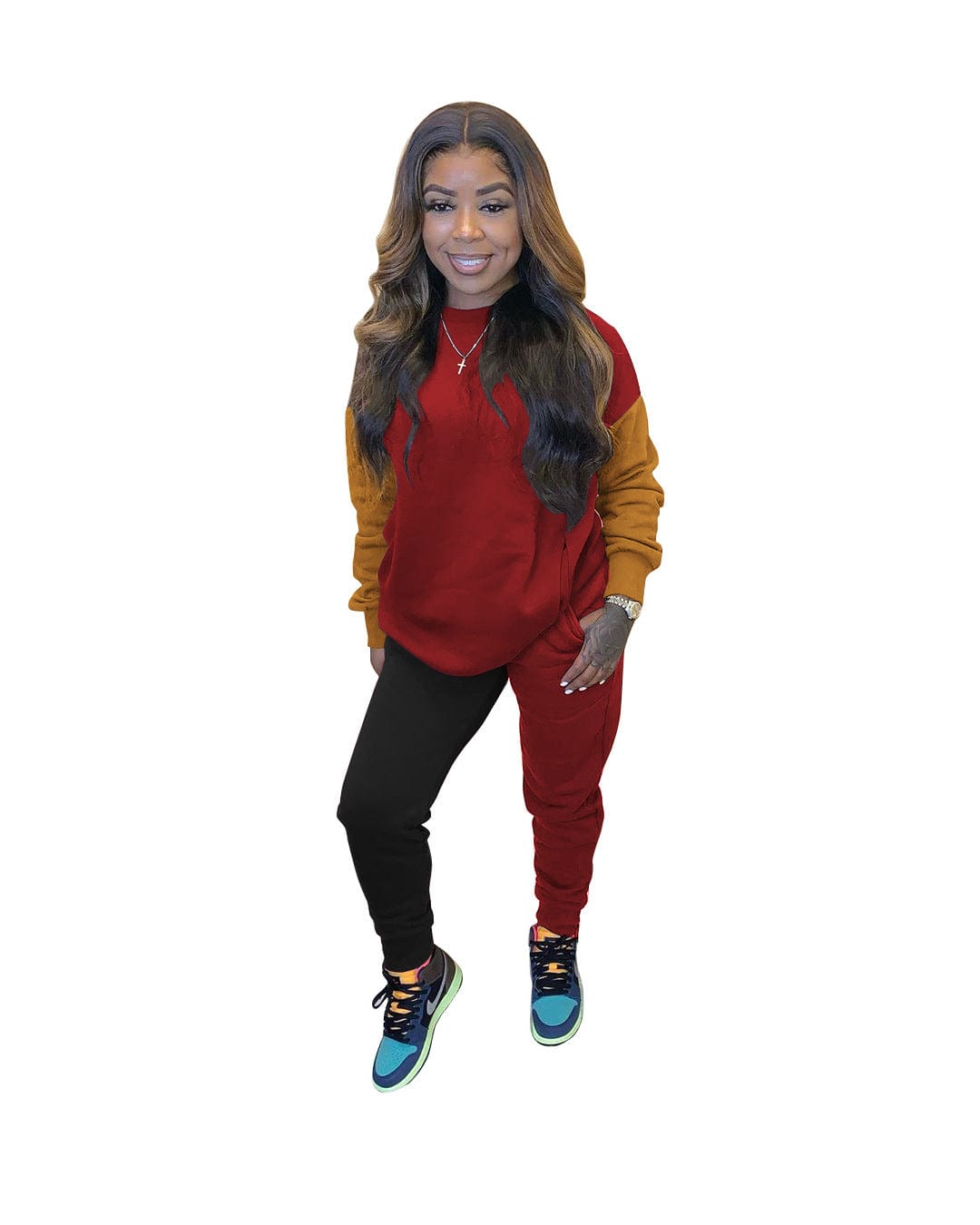 2 XL / #02 Color Blocking Women's Two Piece Outfits Sweater Sets Long Sleeve Pullover and Pants Lounge Sets