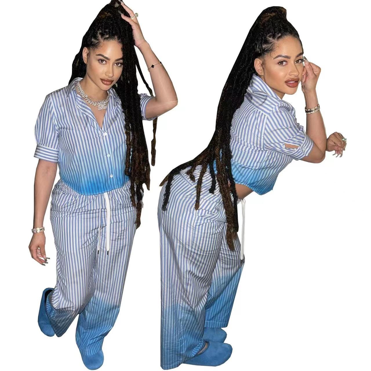 2 XL / 02 J&H 2023 new arrivals gradient striped outfits 2 piece pants set women short sleeve button shirts top set fashion casual wear