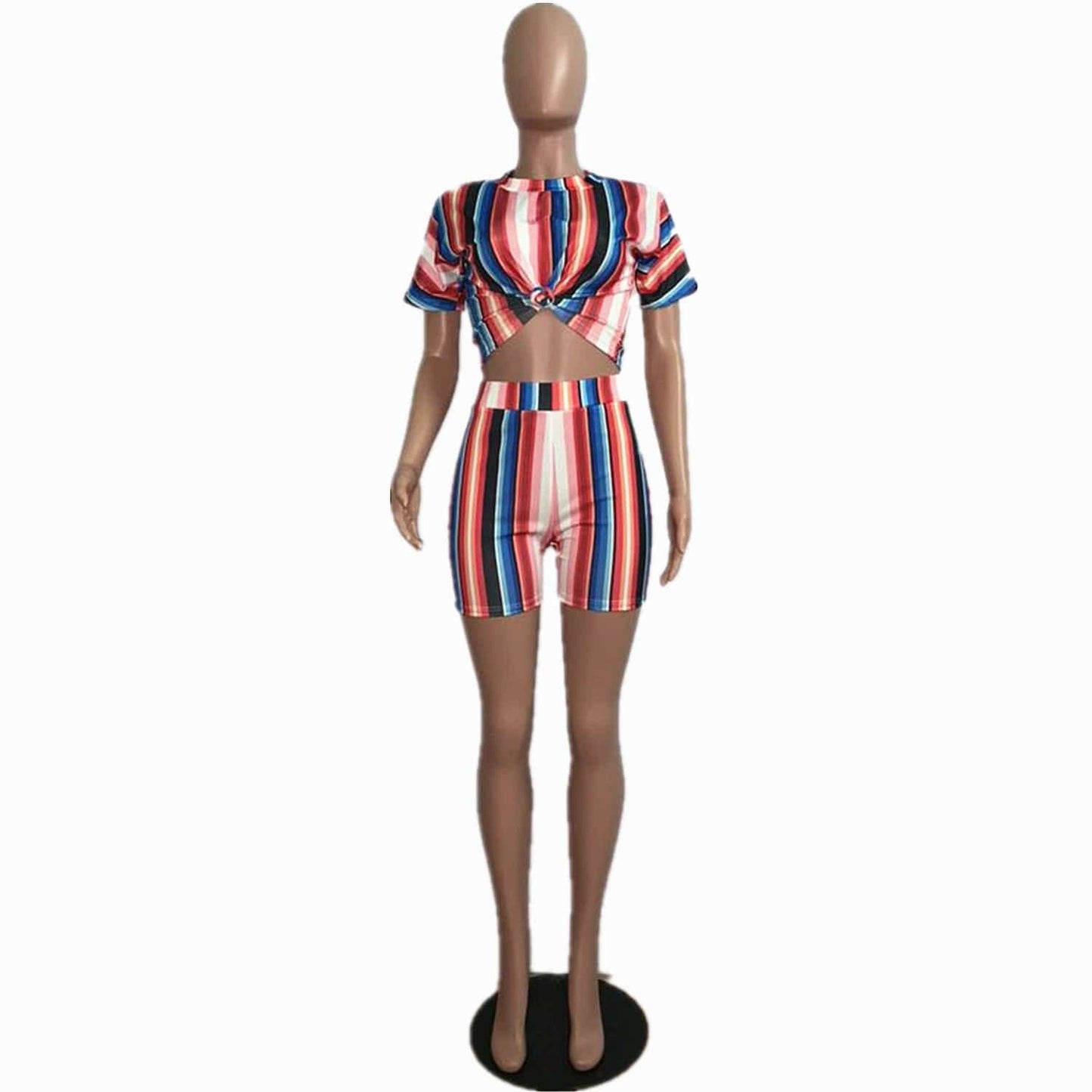 2 XL / #02 Women 2 Piece Outfits Striped Short Sleeve Crop Tops and Bodycon Shorts Set Tracksuit Jumpsuits Rompers