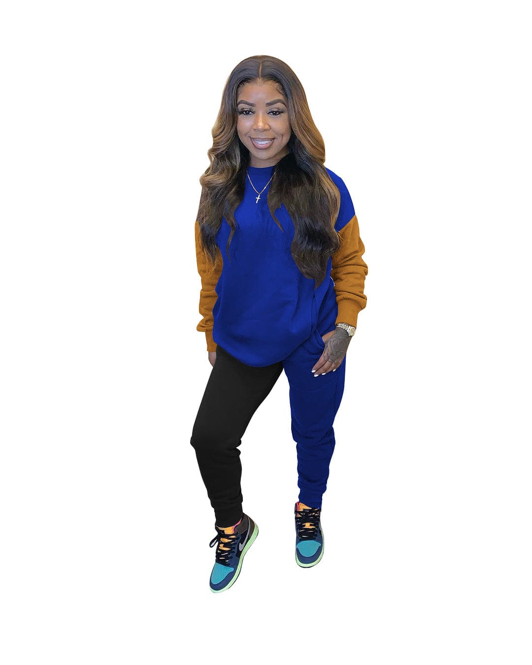 2 XL / #03 Color Blocking Women's Two Piece Outfits Sweater Sets Long Sleeve Pullover and Pants Lounge Sets