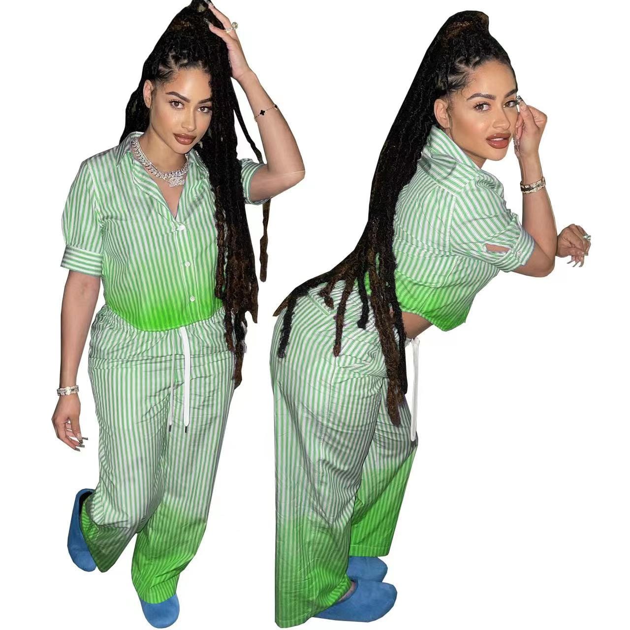 2 XL / 03 J&H 2023 new arrivals gradient striped outfits 2 piece pants set women short sleeve button shirts top set fashion casual wear