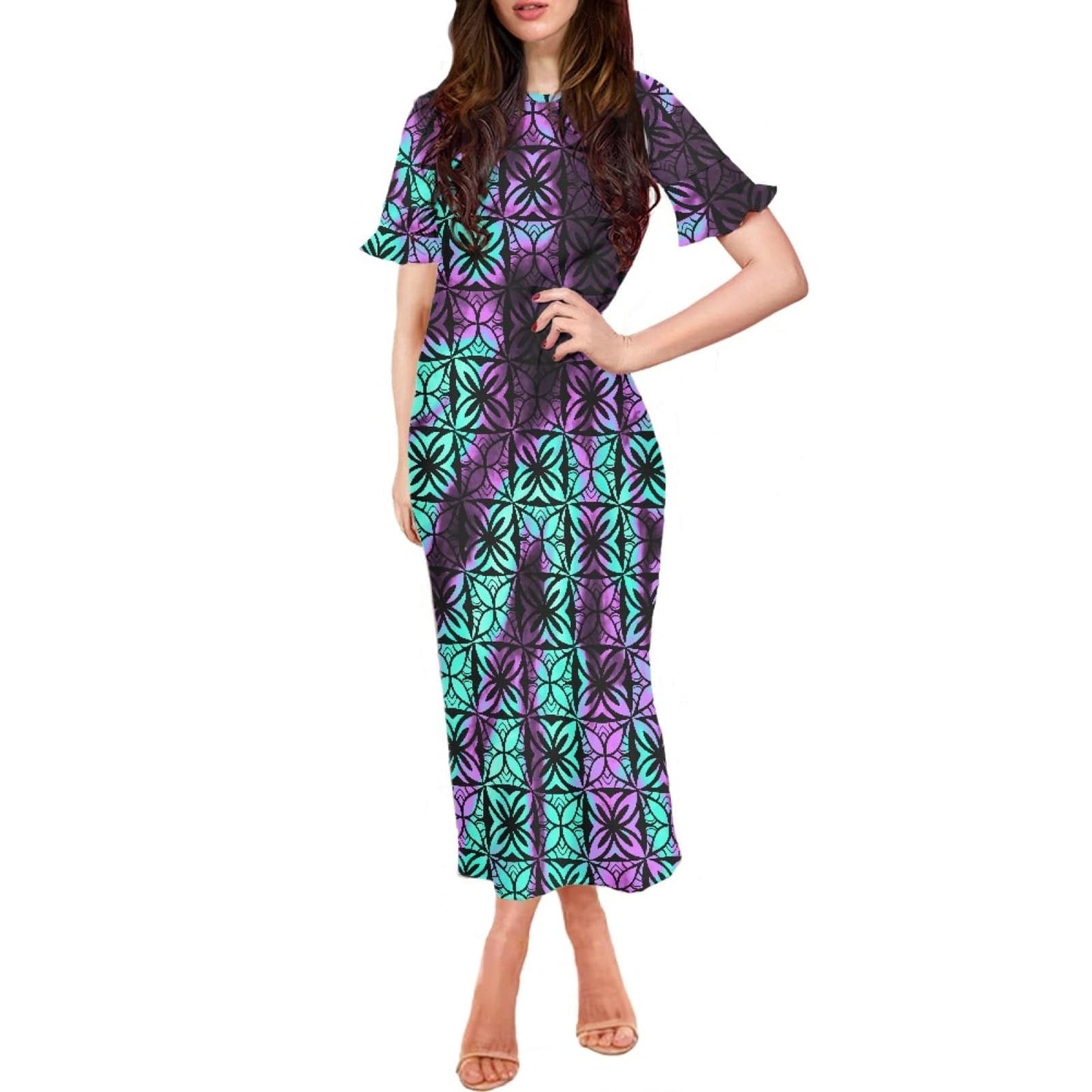 2 XL / 0608DD90-1 top quality tie dye art design samoa style tradition women long dress sexy slim wrap hip dress samoan dresses
