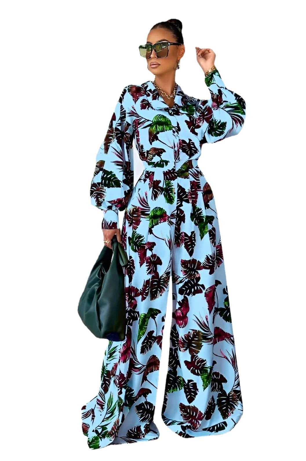 2 XL / 1 Fall Custom Casual Printed Long Sleeve Shirts Blouse Tops Wide Leg Pants Women Two Piece Outfits Set
