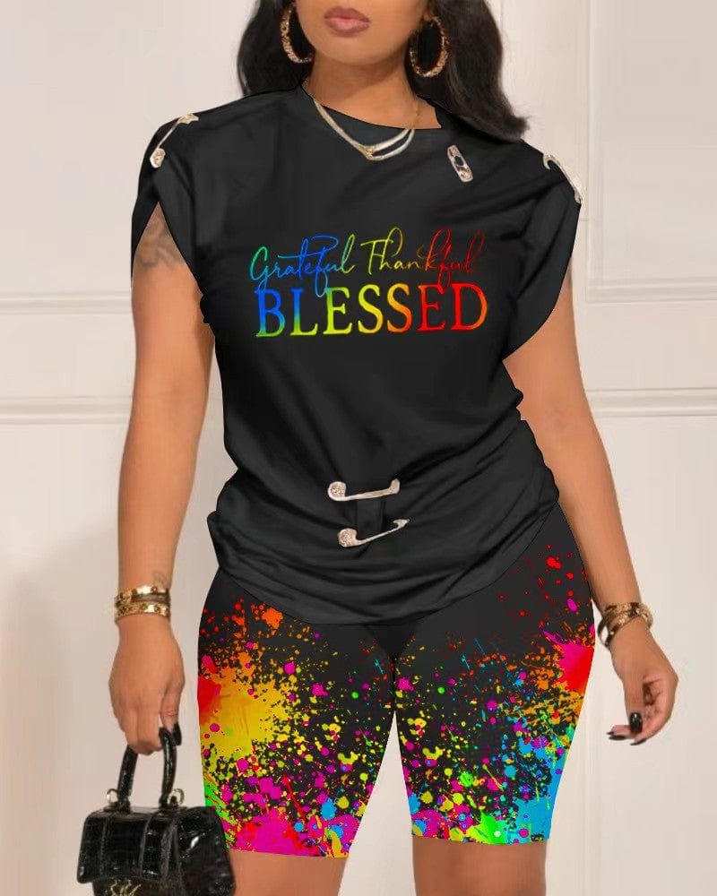 2 XL / 1 Plus size women's set digital printed blessed t shirts with pin summer camouflage shorts 2 piece set women active wear