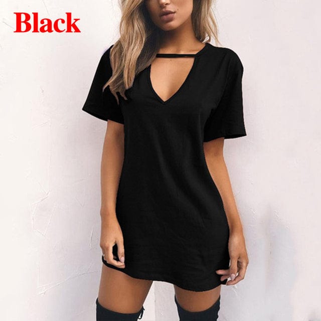 2 XL / 1 Women Tshirt Dress Choker Deep V-Neck Summer Dresses Mini T-Shirt Short Sleeve Ladies Casual Sexy Clothing Dropshipping