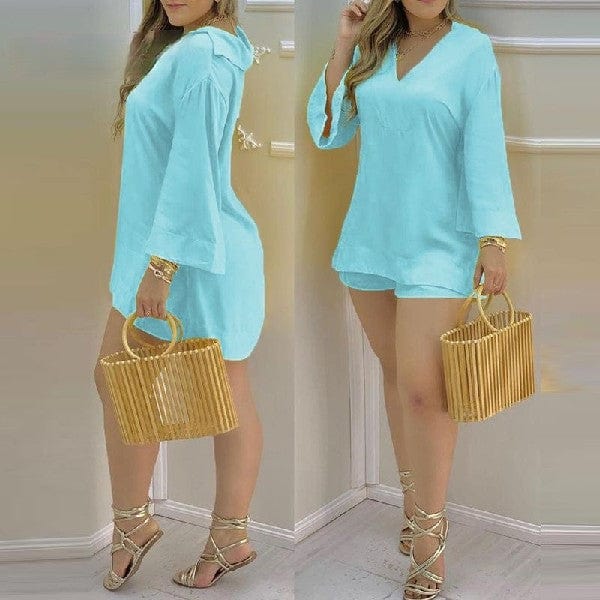 2 XL / 2 new product 2022 popular best selling Solid color Flared Sleeve V-Neck Top and Pants Fashion Women's Set