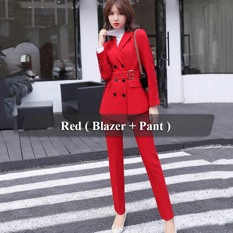 2 XL / 2 Piece Red Pant Suit China Factory Direct Sell 2 Piece Suit Set Women Red Pant Suits Business Office Lady Work Wear Formal Blazer with Sashes