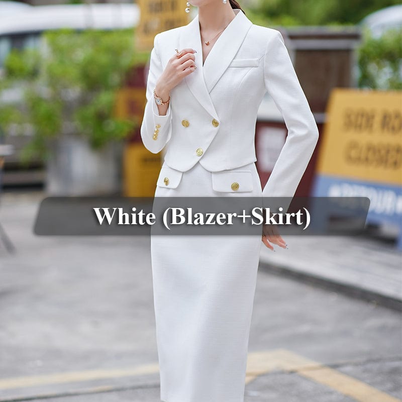 2 XL / 2 Piece white skirt Suit OEM Wholesale 2 Piece Solid Set for Women Business Office Lady Work Wear Double Breasted Clothes Short Blazer with Skirt