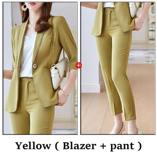 2 XL / 2 Piece Yellow Pant Suit Wholesaler 2 Piece Suit Set for Women Elegant Pant Suits Half Sleeve Blazer Business Office Lady Work Wear White Women Suits
