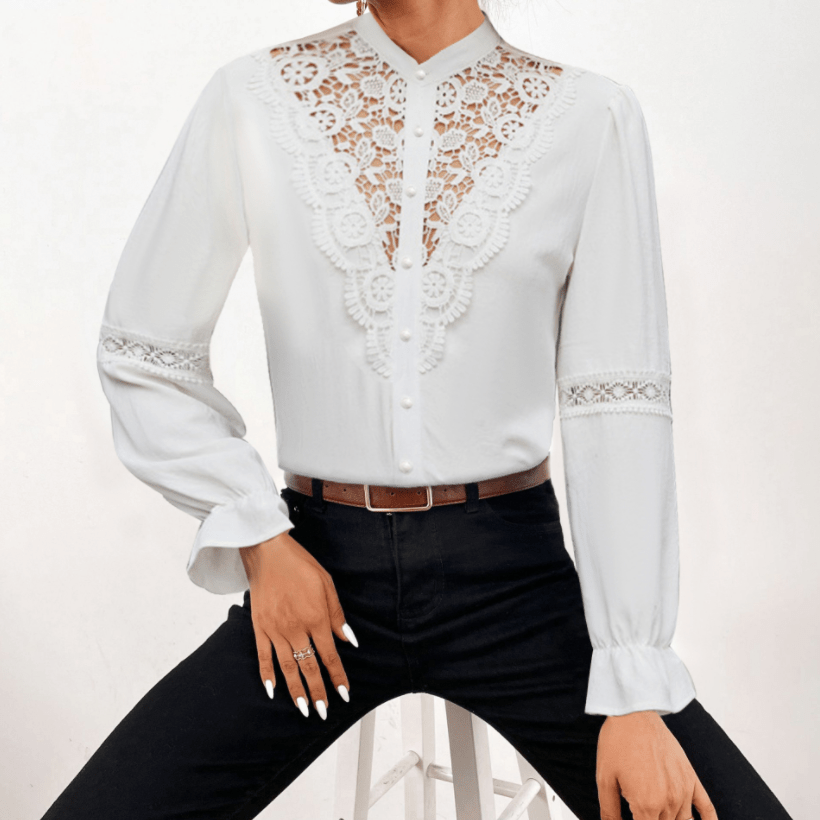 2 XL / 3 Fashion sexy white Lace Patchwork Hollow Blouse for Women's 2022 Autumn Long Sleeve Button Vintage Elegant ladies Shirt Tops