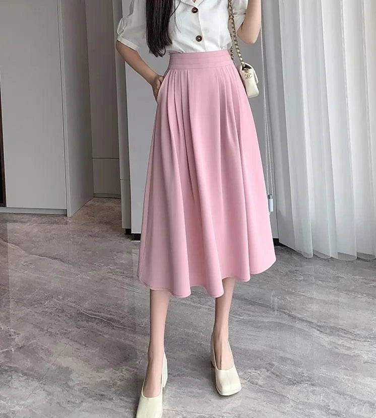 2 XL / 4 S-XXL Korean French A-line Umbrella Skirt Halflength Mid length Over Knee Pocket Folded Large Swing Skirt