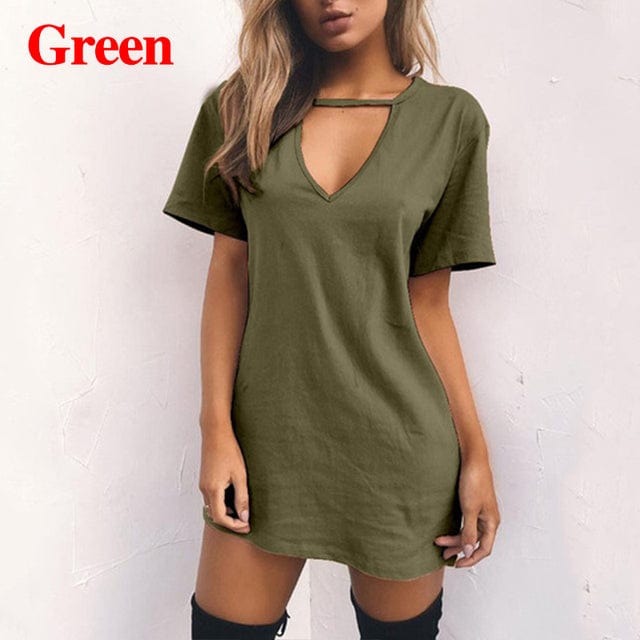 2 XL / 4 Women Tshirt Dress Choker Deep V-Neck Summer Dresses Mini T-Shirt Short Sleeve Ladies Casual Sexy Clothing Dropshipping