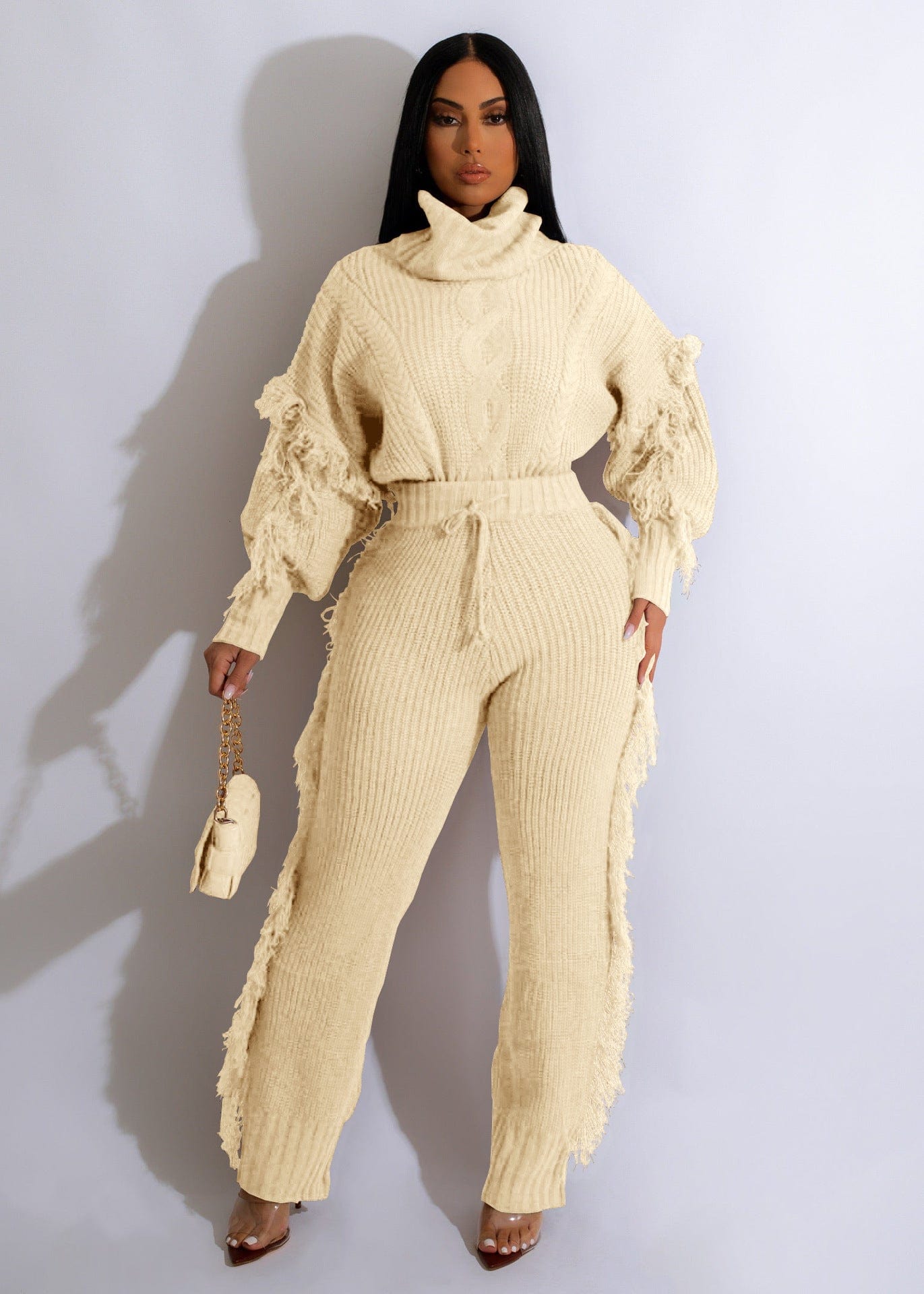 2 XL / Apricot C1103TA73 High Quality Casual Solid Color Turtleneck Knitted Tassel 2 Piece Pants Set Women Sehe Fashion