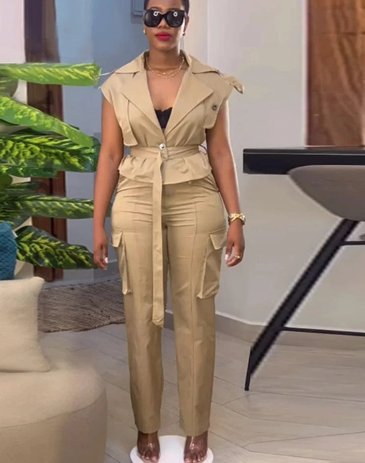 2 XL / apricot Liu Ming Latest Products 2024 Summer Women s Outfits Tops And Wide Leg Cargo Pants 2 Piece Sets Outfits