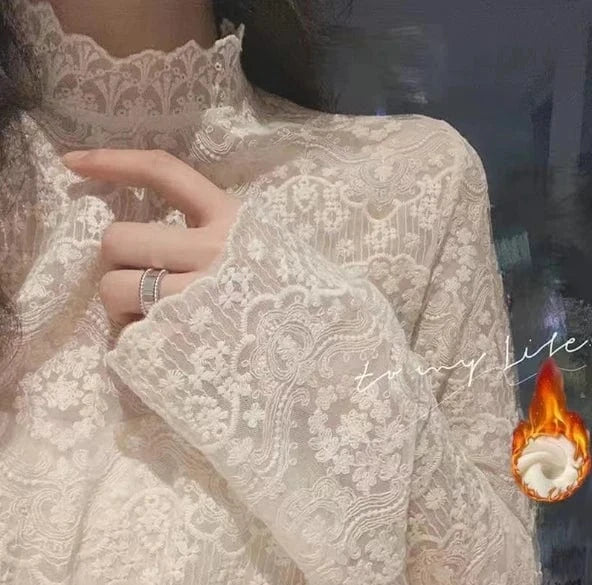 2 XL / Apricot thick Liu Ming Dropshipping Products 2024 Spring Autumn Long Sleeve Turtleneck Mesh Tops Women Lace Shirt