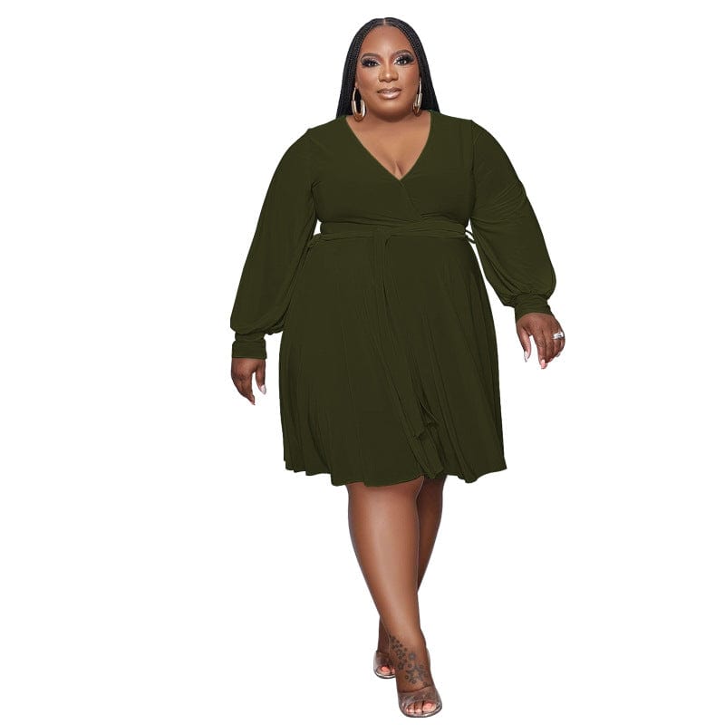 2 XL / Army Green 2023 New Arrivals Spring Women Clothing Solid Color V Neck Lace Up Belt Loose Casual Knee Length Knit Plus Size Dress