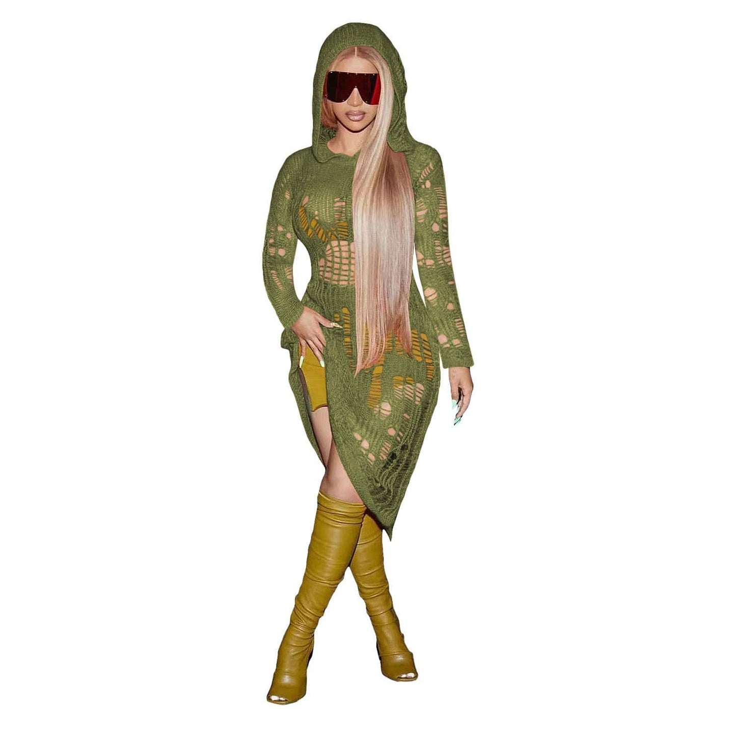2 XL / Army Green C1103TA95 Latest Sexy Hollow Out Hooded Solid Color Beach Dress Women Sehe Fashion