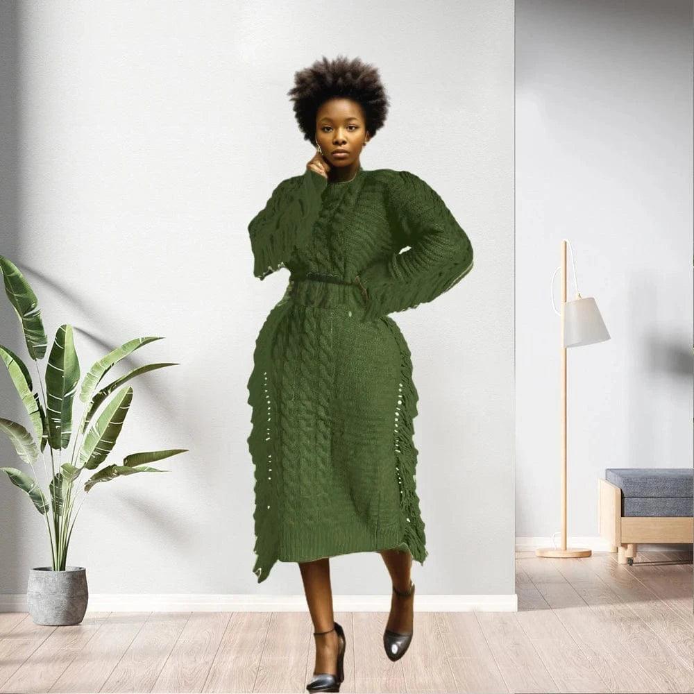 2 XL / Army Green D1211TA04  New Trendy Solid Color Long Sleeve Hollow Out  Knitted Tassel Sweater Women Dress Sehe Fashion