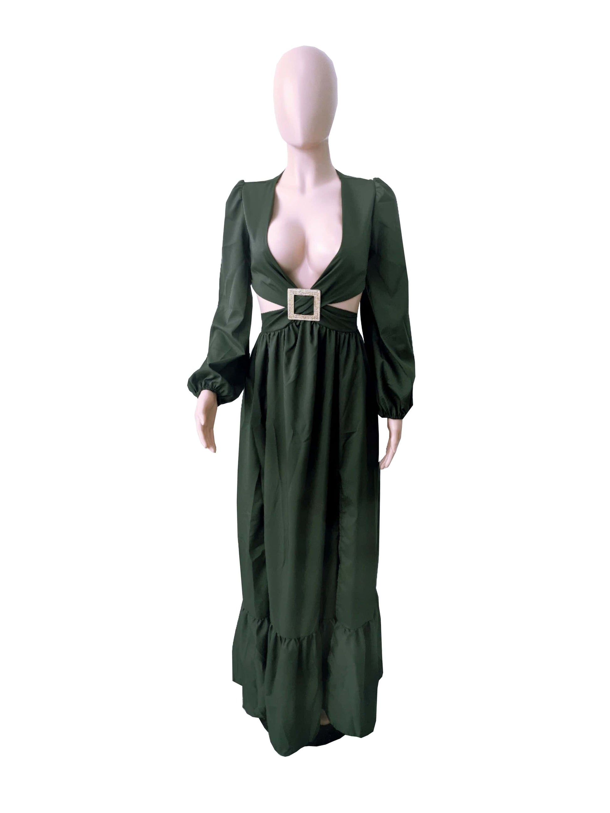 2 XL / Army Green Dropshipping Solid Color Hollow Out Backless V Neck Irregular Long Maxi Dress For Women With Lantern Sleeve