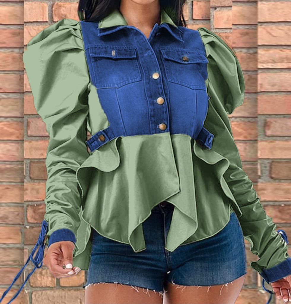 2 XL / Army Green Trendy Women Clothes Autumn Double Collar Adjustable Tie Puff Long Sleeve Ruffle Denim Jacket