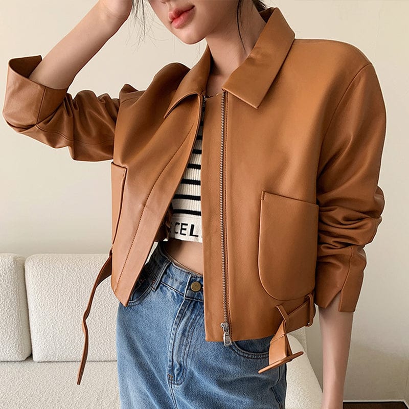 2 XL / As picture High Quality Women Solid Color Cropped Genuine Sheep Leather Jacket with Belt