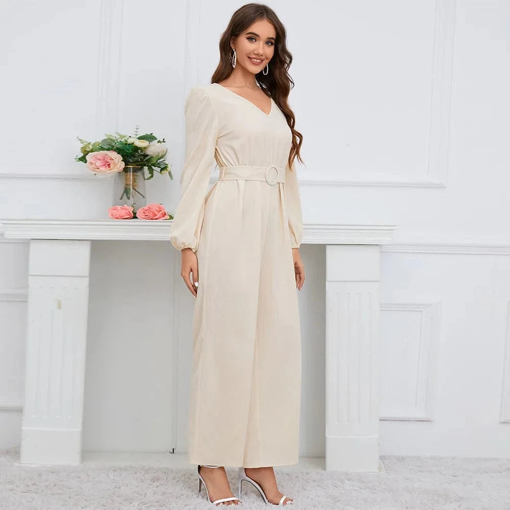 2 XL / Beige European and American 2024 New Casual Solid color V-neck Long sleeve Slim fit Straight pants Jumpsuit belt Women's jumpsuit suit