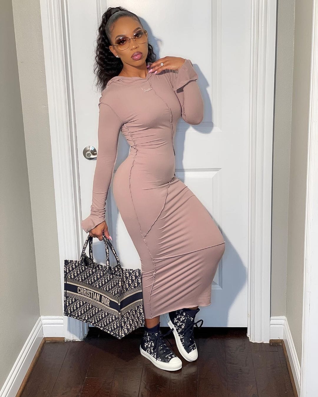 2 XL / Beige PDEP most popular fall long sleeve hoodies casual dress for women plus size cotton tight soild color sexy long dress for ladies