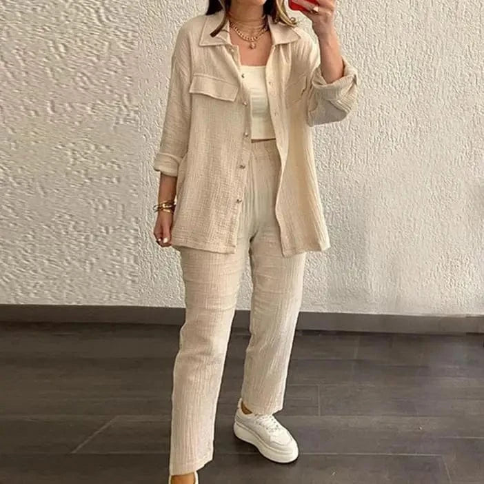 2 XL / Beige S-2XL New Double layered Crepe Loose Large Lapel Long sleeved Shirt Casual Set