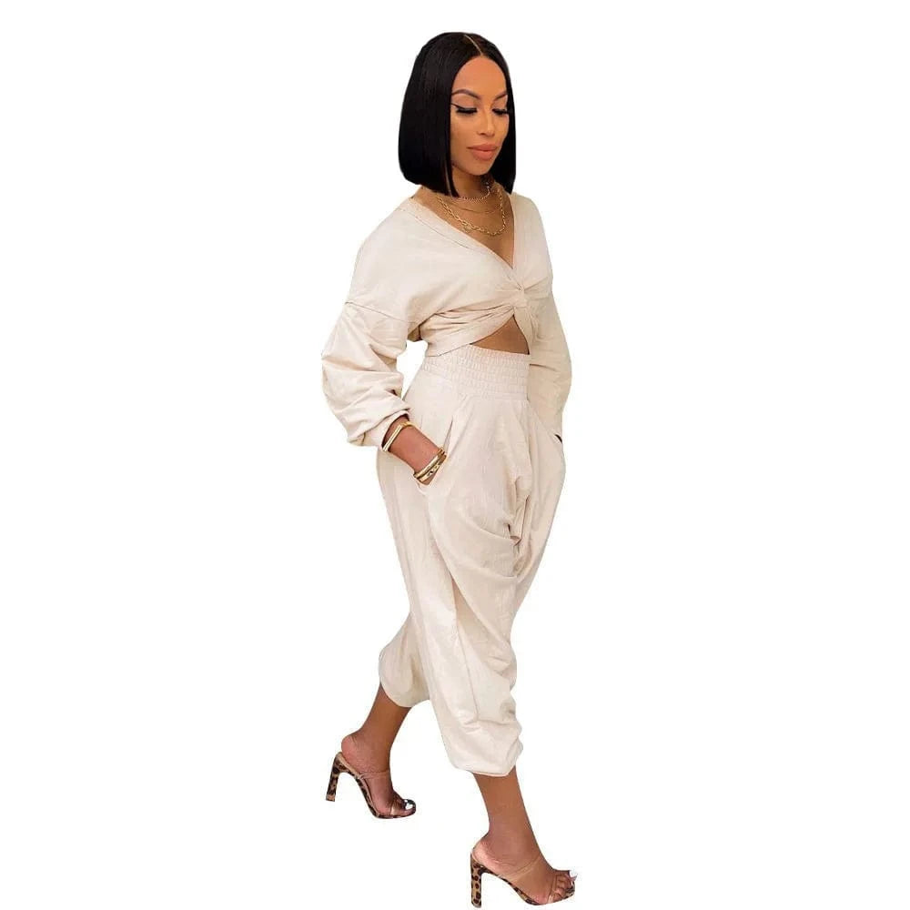2 XL / Beige Women Winter Wear Wrap Crop Top Solid Two Piece Pants Set Fall 2pc Pants Set Plain Sweatshirt Suit Jogger Sweatsuit
