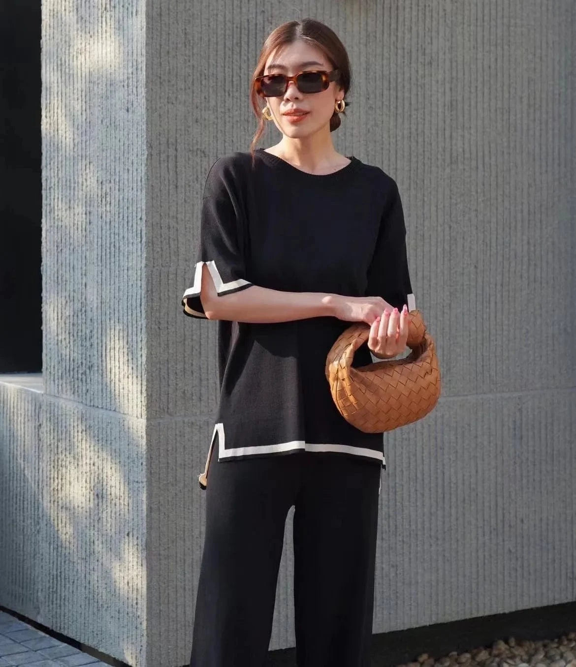 2 XL / Black 1 2024 New Knitted suit Sweater suit Long-sleeved Short-sleeved Pullover High Waist Wide-leg Pants Two-piece Set
