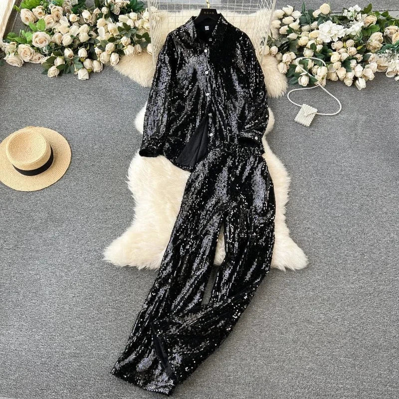 2 XL / Black 2024 fashionable sequin sparkling set for women with loose long sleeved shirt+high waisted wide pants