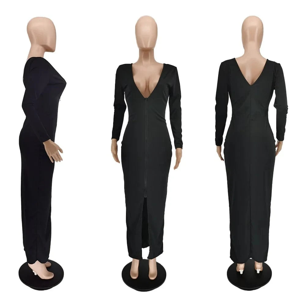 2 XL / Black 2024 New Arrivals Solid Deep V Neck Bodycon Dress Zip Up Long Sleeve Dress Sexy Split Long Dress For Women