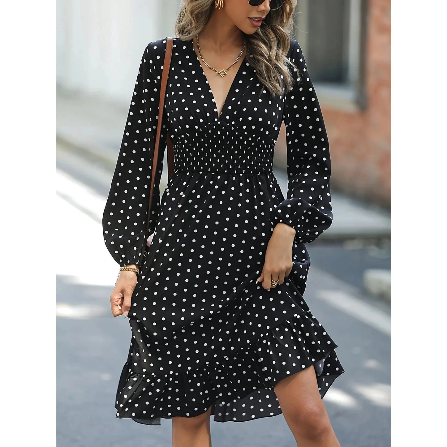2 XL / Black 2024 Spring And Summer New Female Fashion Casual Dress Female Waist Print Thin V-neck Polka Dot Long Sleeved Lady Dresses