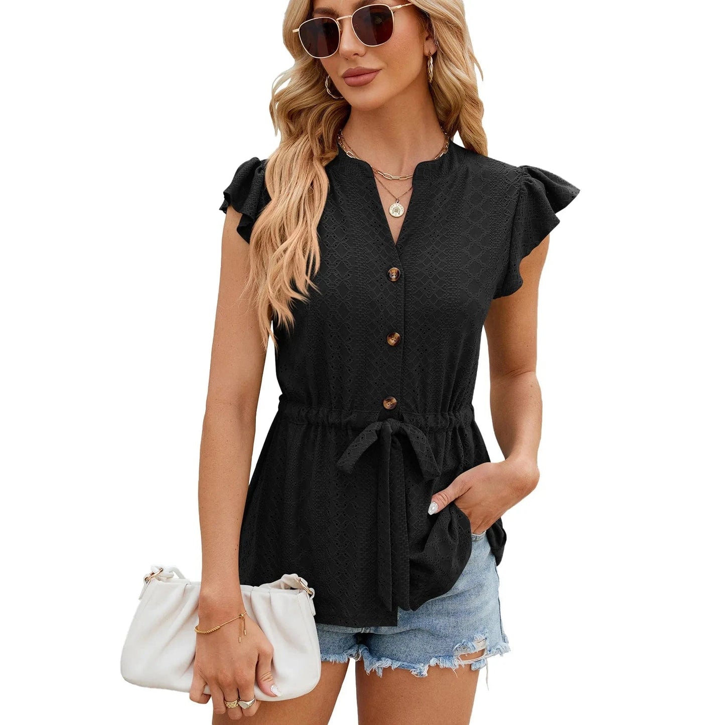 2 XL / Black 2024 Women Lady Girls  Spring And Summer New Solid Color Button Lace-up Loose T-shirt Top Cardigan for Women