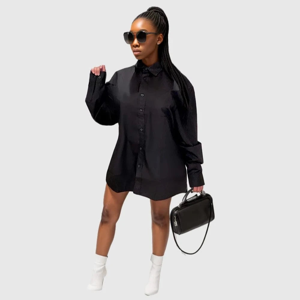 2 XL / Black 20805-MX44 letter printed solid color long sleeve shirt dress women sehe fashion