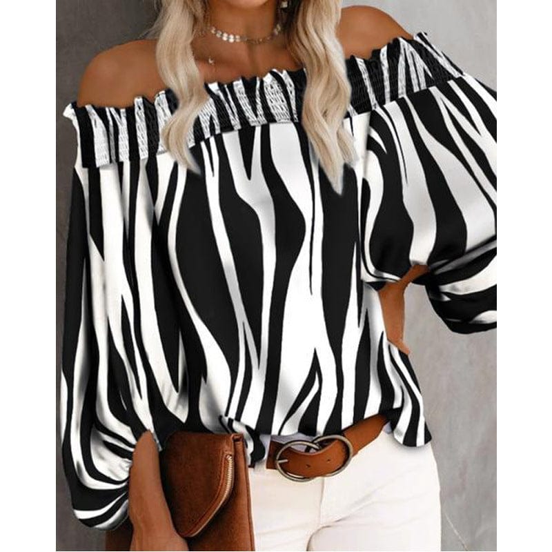 2 XL / black Amazon hot summer autumn new European American striped sexy off-shoulder chiffon shirt