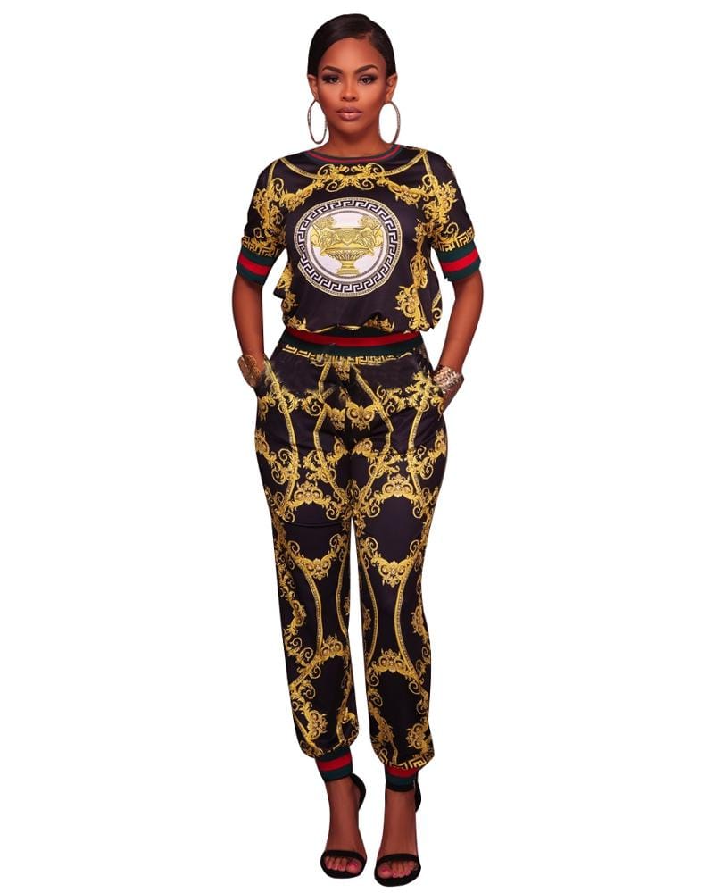 2 XL / black Autumn Spring Printed 2 Piece Set For Women Long Pants 2 PC Set Lady Casual Two Piece Pants Set