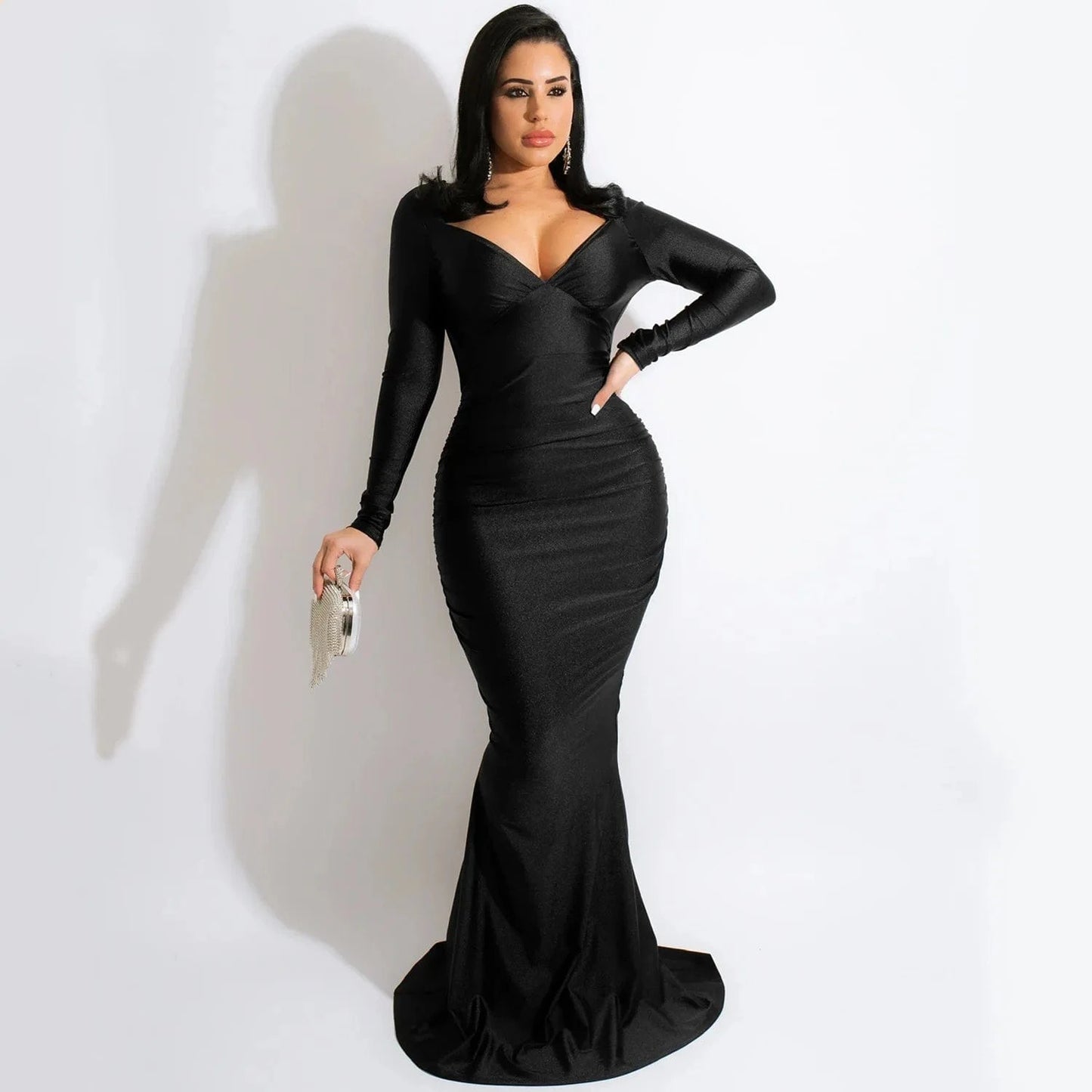 2 XL / Black Autumn Spring Women Off Shoulder Backless V-neck Mermaid Floor-Length Dress Sexy Night Party Club Elegant Dresses 2022
