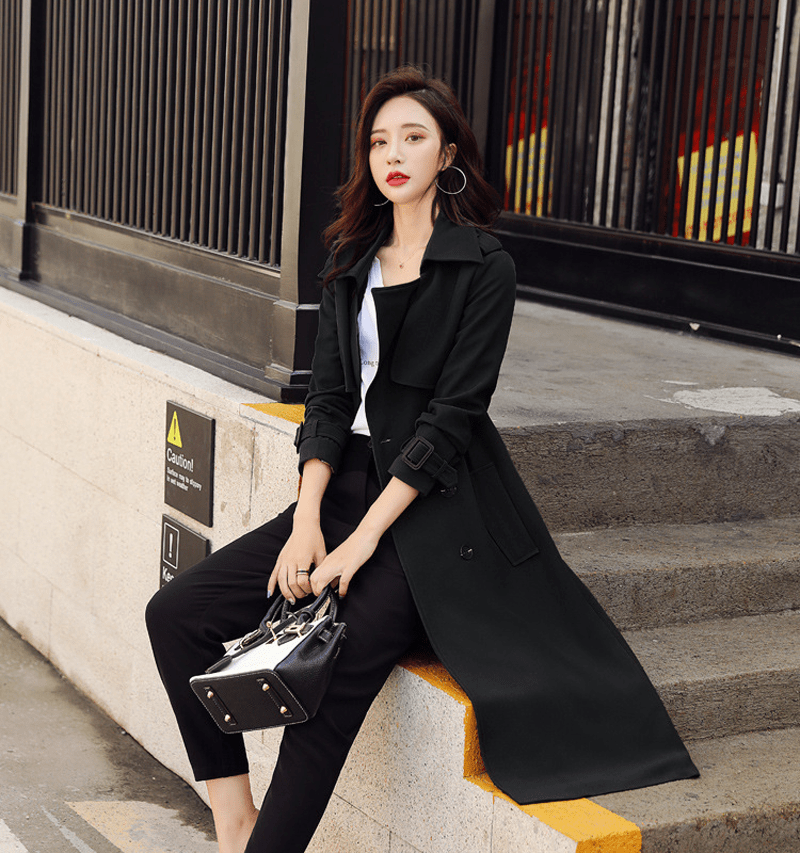 2 XL / black Black And Green Over-the-knee Overcoat Korean Style Turn-down Collar With Belt Thin Spring Long Trench Coat Women