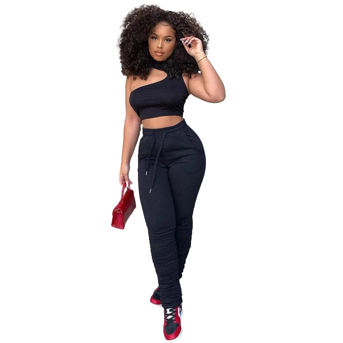 2 XL / Black Casual 2 Piece Set Top and Pants Two Piece Trendy Solid Two Piece Suit Pant Set Women Stacked Joggers Pants with Side Pockets