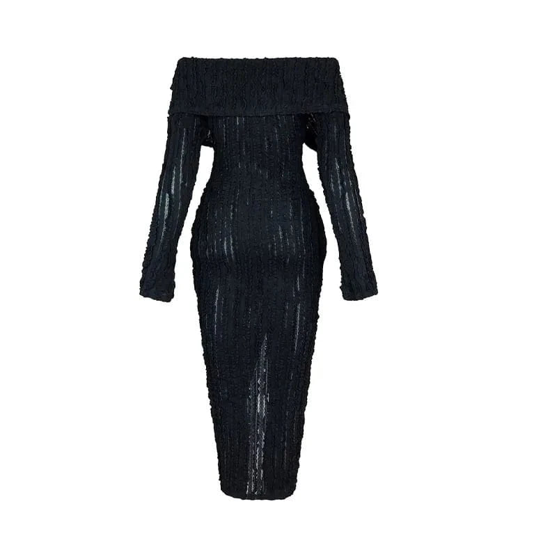 2 XL / Black CHICEVER Elegant Long Sleeve Slash Neck Solid Color Lady Long Dresses Dress For Women