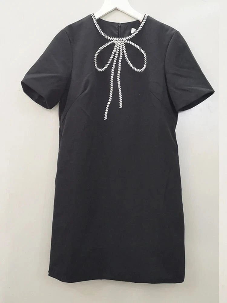 2 XL / Black CHICEVER Round Neck Short Sleeve High Waist Patchwork Diamonds Casual Dresses Elegant Woman Dress