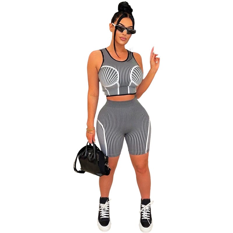 2 XL / black custom women knit cotton striped sleeveless crop top  biker shorts two 2 piece women set street wear shorts custom for women