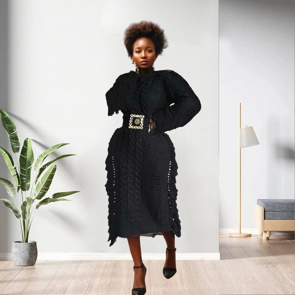 2 XL / Black D1211TA04  New Trendy Solid Color Long Sleeve Hollow Out  Knitted Tassel Sweater Women Dress Sehe Fashion