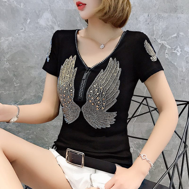 2 XL / black Design Wings Diamonds Beading Handmade T-Shirt Women Black Red New V-neck Slim Short Sleeve Women Tops Tees Summer T25909