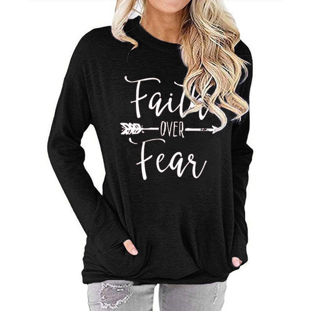 2 XL / Black Faith over Fear printed round neck long sleeve t-shirt