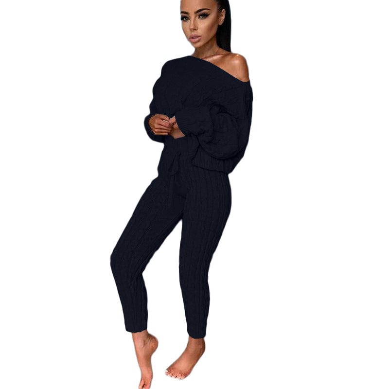2 XL / black Fall clothes winter clothes for women New casual women sweater simple round neck trousers long sleeved sweater two piece set