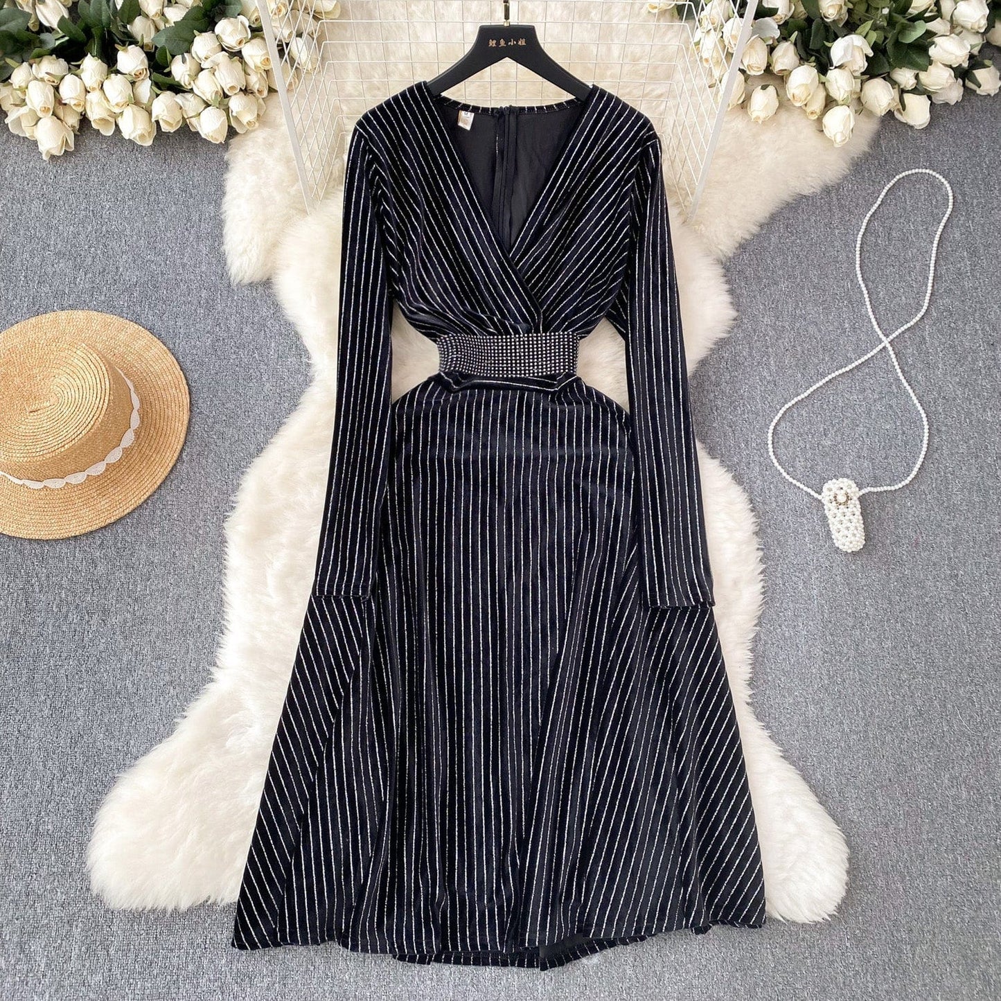 2 XL / Black Fall Winter Fashion High-End Elegant Waist Drop Sequin Velvet Dress